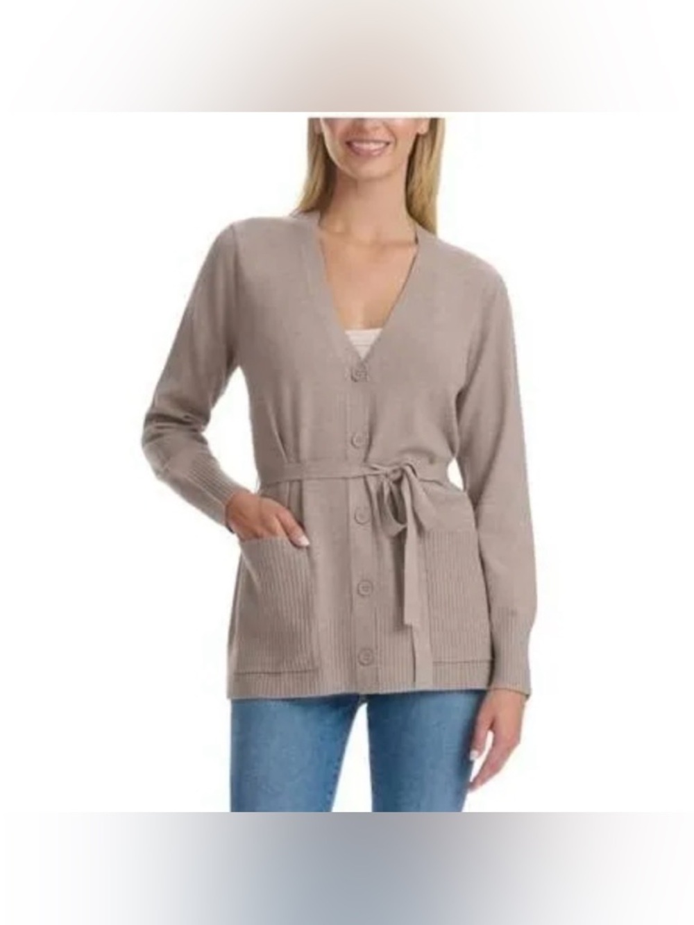Splendid Taupe Button-Front V-Neck Cardigan with Belt